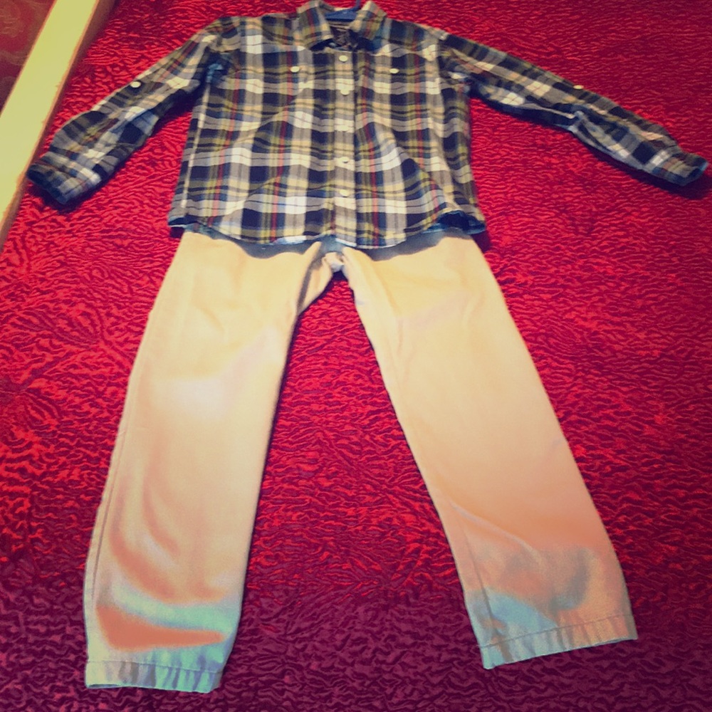 Kid’s long sleeve button up (Gap) and khakis